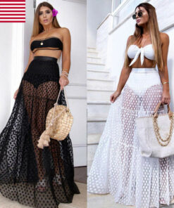 Women Bikini Wear Cover Up Mesh Sheer Maxi Skirt Wrap Skirt Beach Tulle See Through Dress Beachwear Swimwear Lace Crochet Dress