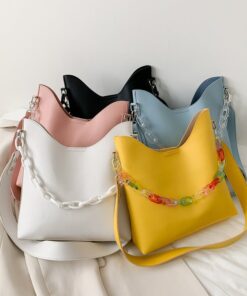 2020 New Fashion Female Bag Color Chain Messenger Bag Summer Wild Shoulder Bucket Bag Large Capacity Vacation Beach Bag