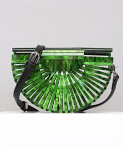 Acrylic Basket Evening Clutch Bag Women Hollow Out Stone Pattern Half Moon Acrylic Beach Handbag Beaded Shoulder Bag Holiday