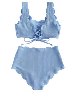 Women Scalloped Textured High Waist Bikini Set Solid Two Pieces Push Up Beach Bathing Suits Swimwear Lace Biquinis Bathing Suits