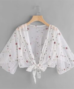 Women One Size Flower Print Patchwork Mesh White See Through Ladies Outwear Long Sleeve Beachwear Cover Ups