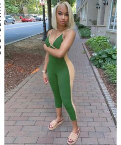 BOOFEENAA V Neck Backless Ribbed Bodycon Rompers Sports Fitness Jumpsuits for Women 2020 Sexy One Piece Outfits C16-CZ31