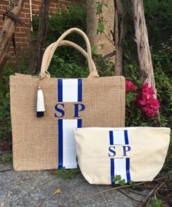 Custom striped monogrammed beach tote bag, personalize name monogram Initials burlap tote mom basket bags pouches shopping jutes